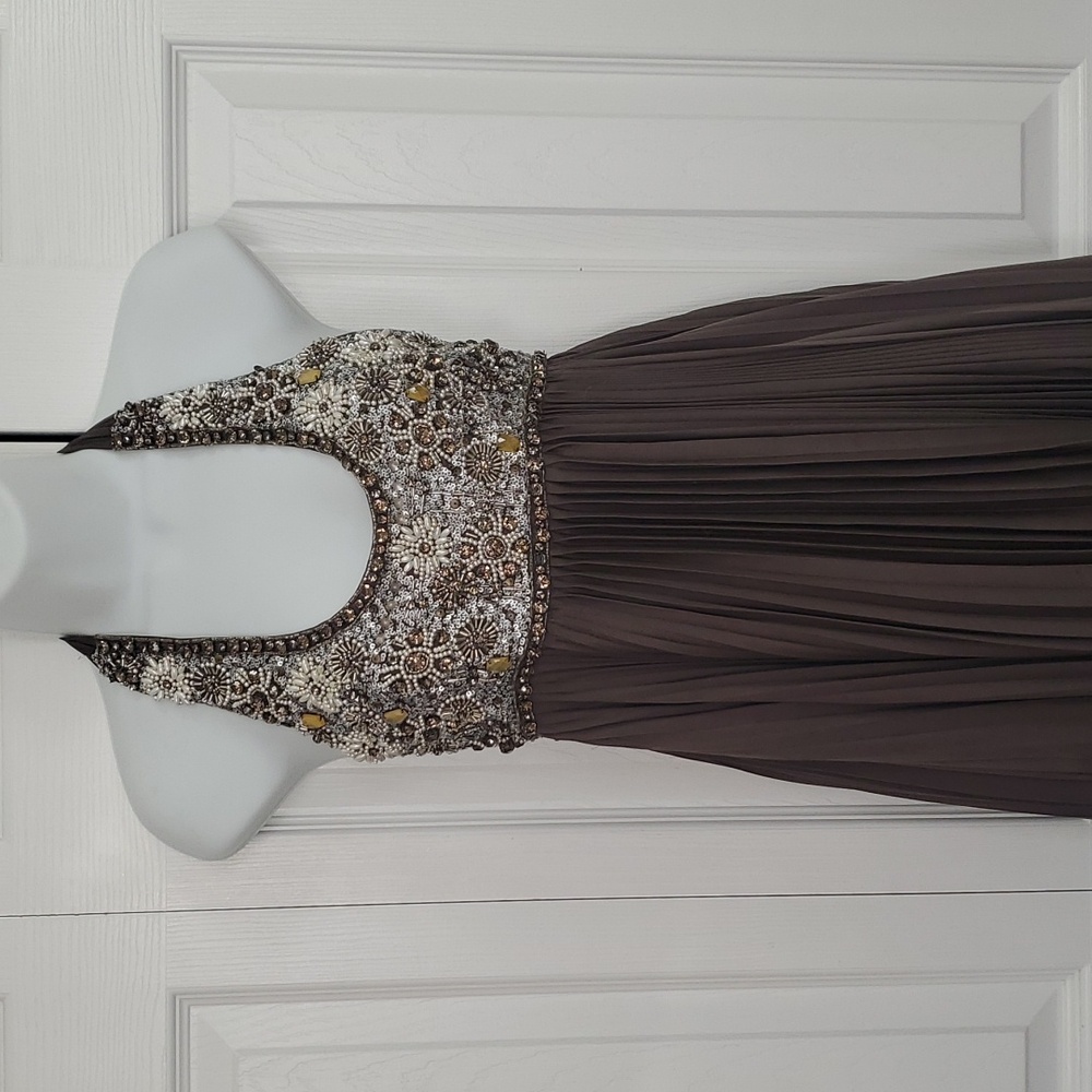 Reserved For Jaimie Alice + Olivia | Silk Taupe Backless Halterneck Beaded Dress - Picture 2 of 10